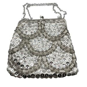 Vintage Retro Art Deco Silver Sequin Kiss Lock Beaded Chain Purse